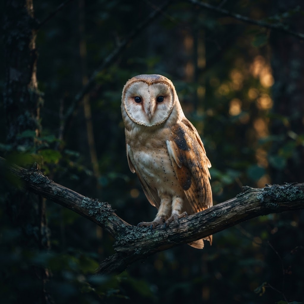 Barn owl listening from a branch at night